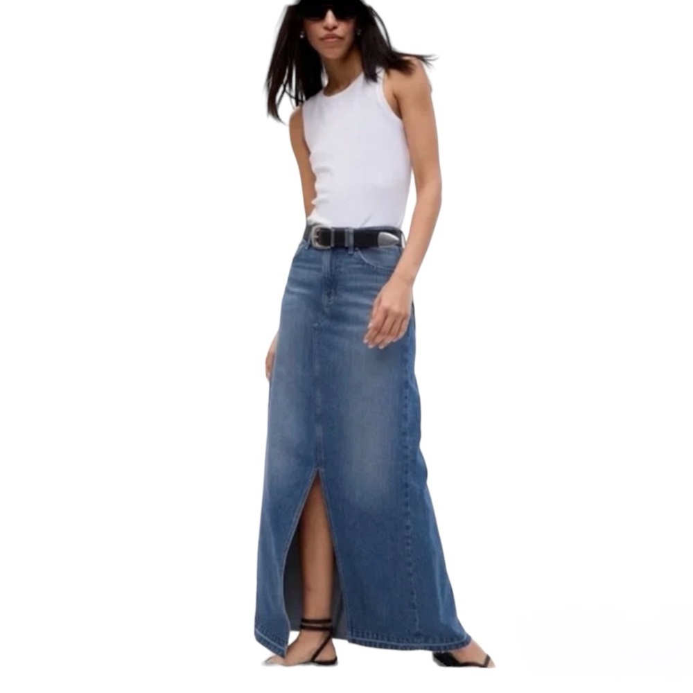 Gap Denim Maxi Skirt With Washwell Size 12 Blue Fitted High Rise Front Split